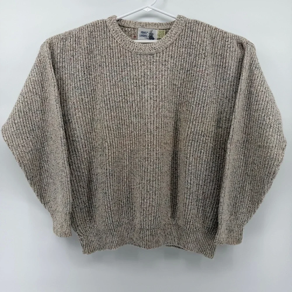 Vintage‎ Penn's Landing Crewneck Sweater Mens M Oatmeal Speckled Ribbed Knit USA